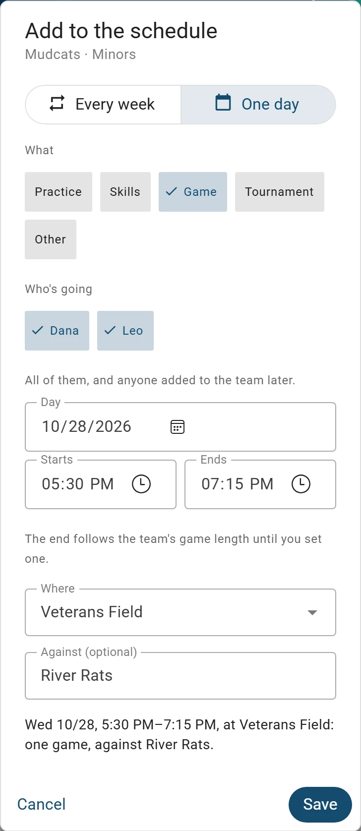 Adding one game for the Mudcats on a phone: Who’s going, with Dana and Leo both ticked, then Wednesday 10/28 at 5:30 PM at Veterans Field, against River Rats, summed up above Save.