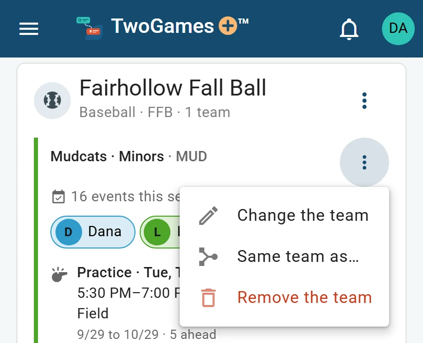 The Mudcats team’s menu open on a phone: Change the team, Same team as…, and Remove the team.