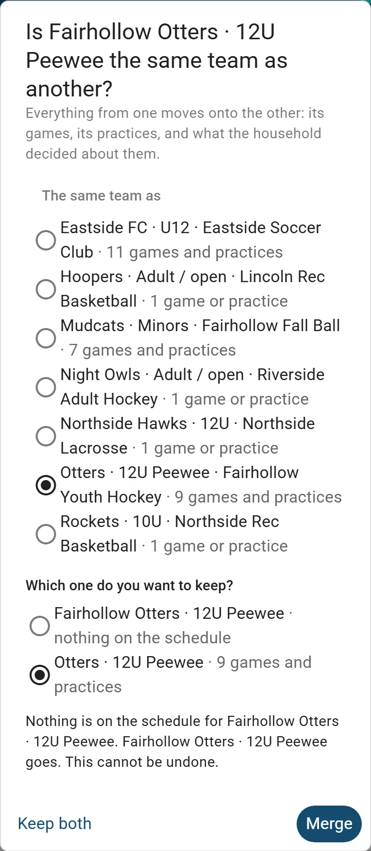 Is Fairhollow Otters · 12U Peewee the same team as another? on a phone: Otters · 12U Peewee picked from the household’s teams, then Which one do you want to keep?, what merging does, and Merge.