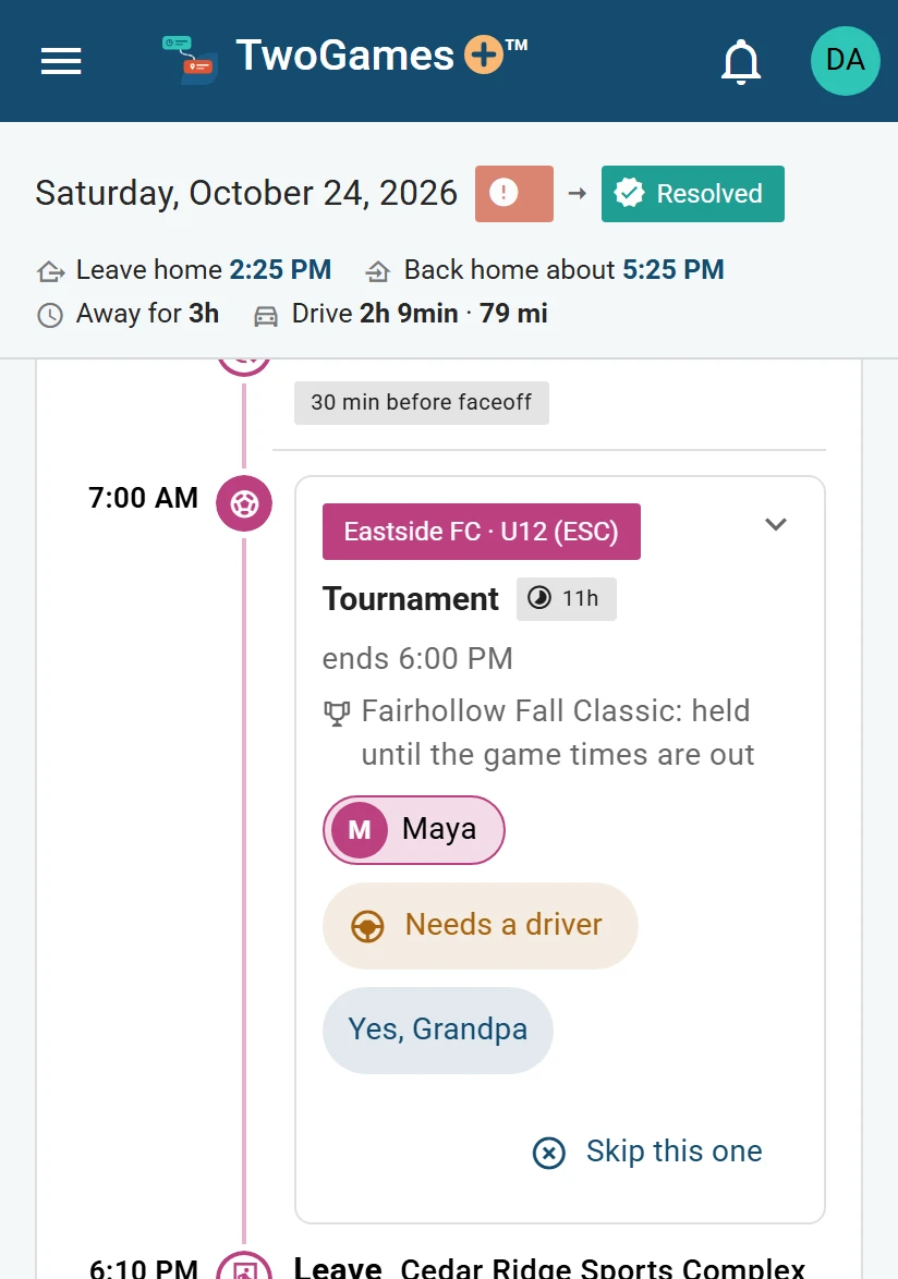 Saturday, October 24 on a phone: Eastside FC’s tournament card from 7:00 AM to 6:00 PM, Fairhollow Fall Classic: held until the game times are out, with Maya on it, Needs a driver and Yes, Grandpa.
