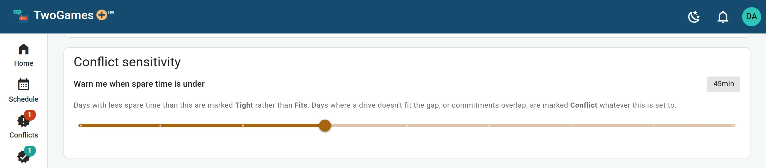 Settings, Conflict sensitivity: warn me when spare time is under 45 minutes, on a slider.