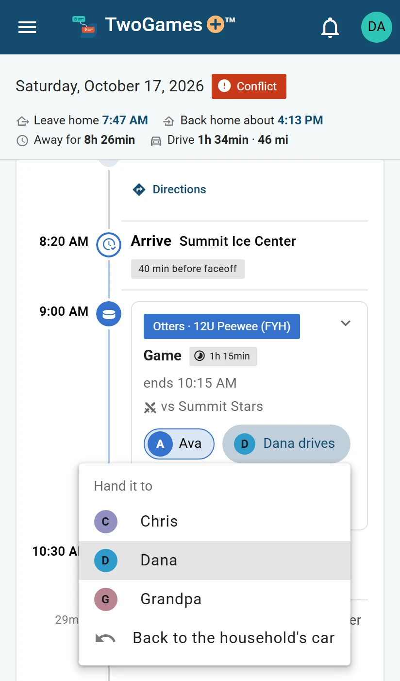 Ava’s hockey game on a phone with its driver tapped: a menu headed Hand it to, listing Chris, Dana and Grandpa, and Back to the household’s car.