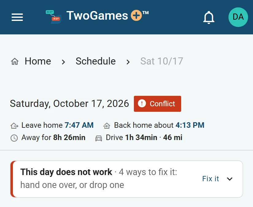 Saturday, October 17 on a phone, a Conflict. The line under the date says This day does not work, 4 ways to fix it: hand one over, or drop one, with Fix it.