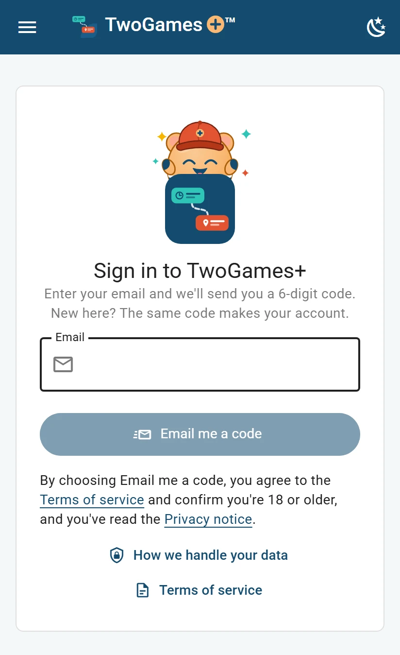 The TwoGames+ sign-in page on a phone, asking for an email address, with a button to send a code.