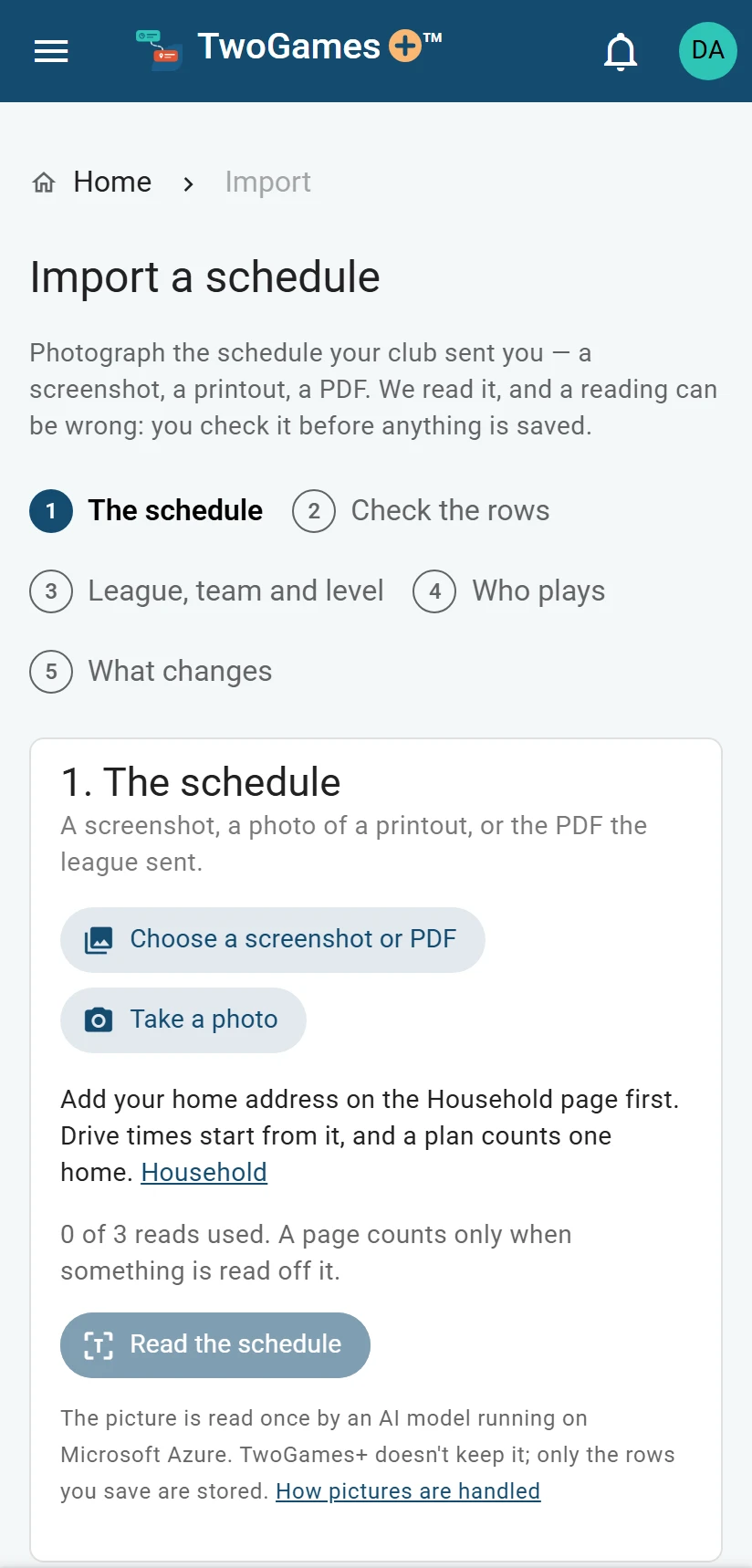 The Import page on a phone for a new household: Add your home address on the Household page first, with a link to Household, and Read the schedule greyed out.