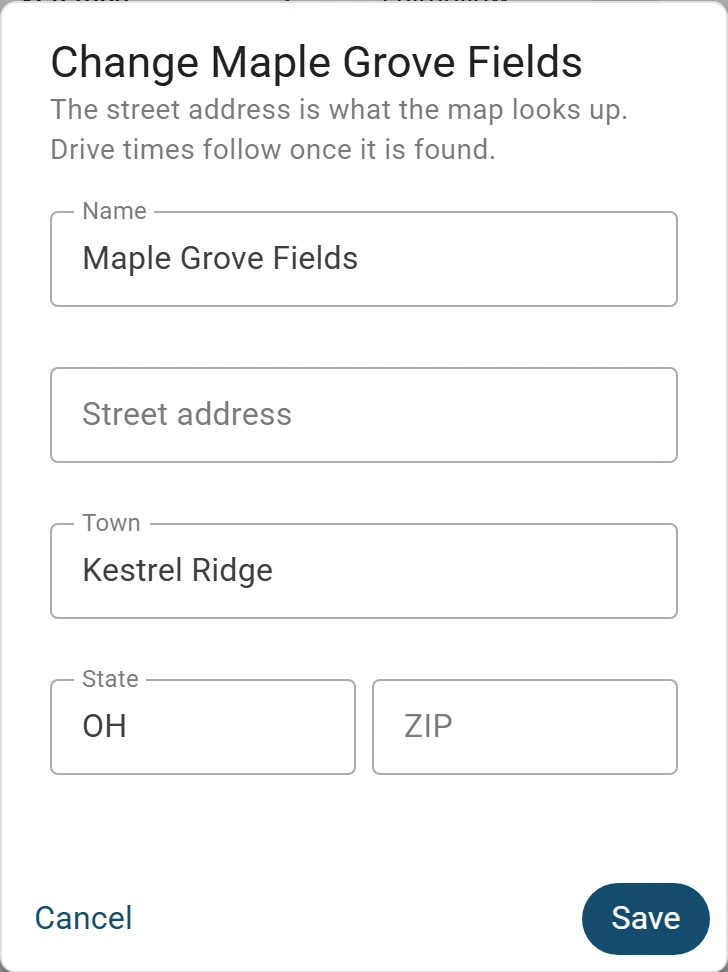 Change Maple Grove Fields on a phone: its name, an empty Street address, the town Kestrel Ridge, the state OH, an empty ZIP, and Save.