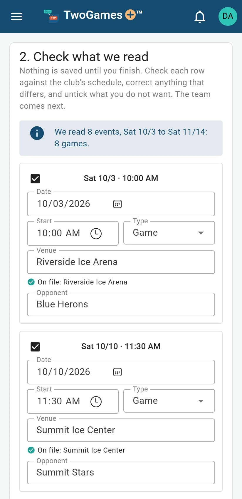 The same check on a phone: the first rows read off the page, Saturday October 3 at 10:00 AM against the Blue Herons at Riverside Ice Arena, on file.