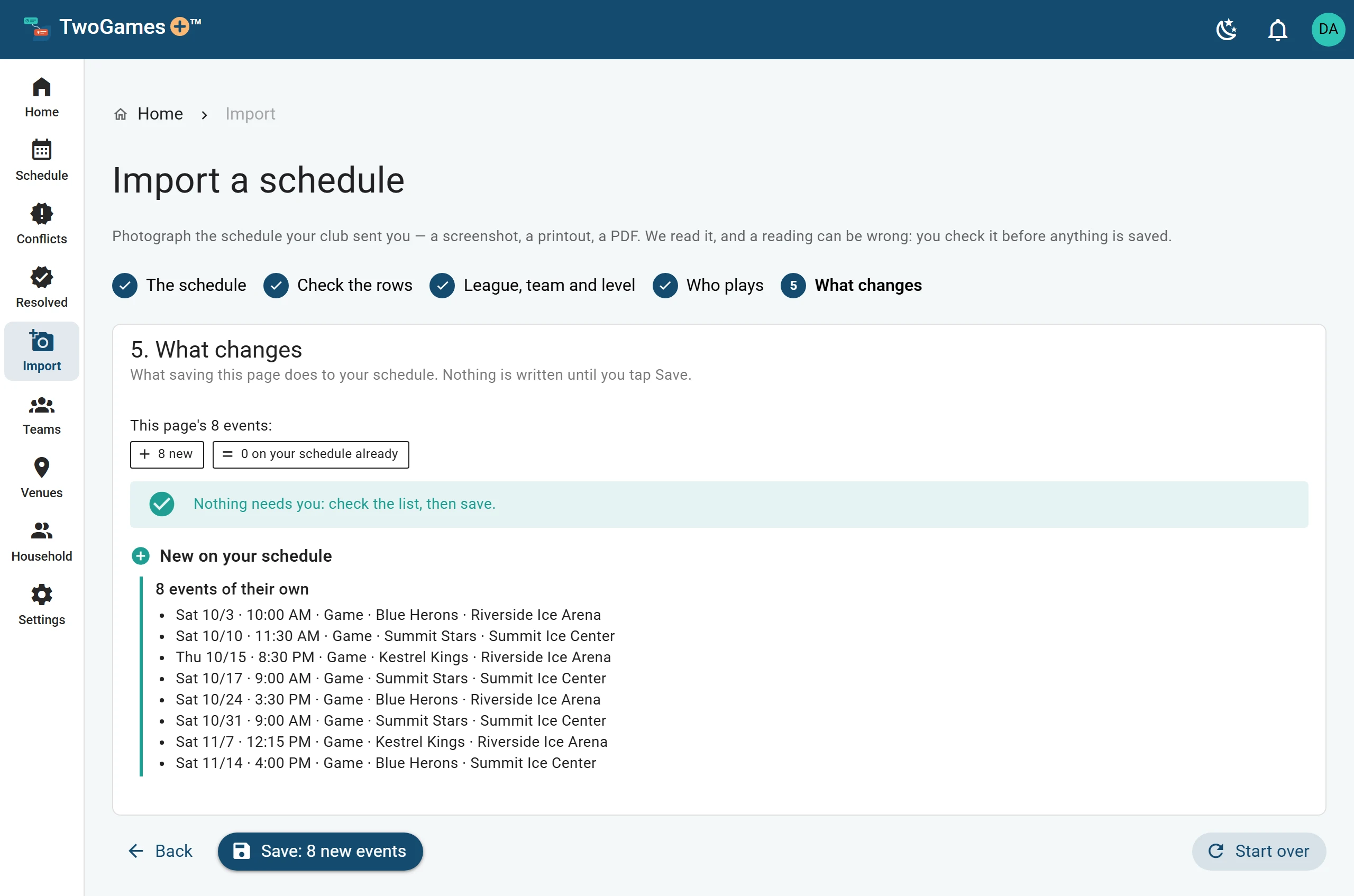 Import, step 5, What changes: this page’s 8 events are all new, listed before anything is saved, with a Save button.