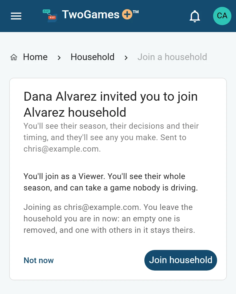 The join page on a phone, signed in as Chris: Dana Alvarez invited you to join Alvarez household, You’ll join as a Viewer, and a Join household button.