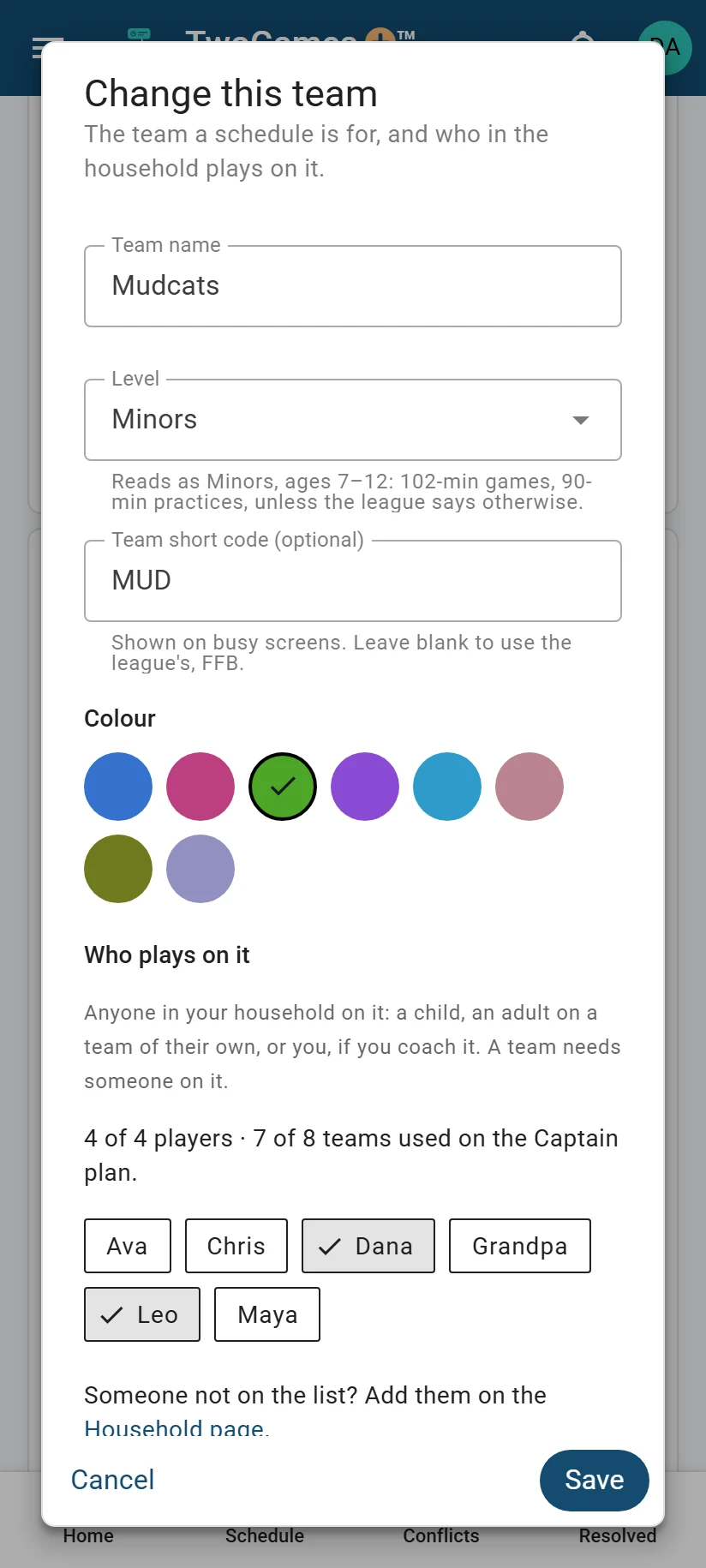 Changing the Mudcats team on a phone: level Minors, and Dana and Leo ticked under Who plays on it.