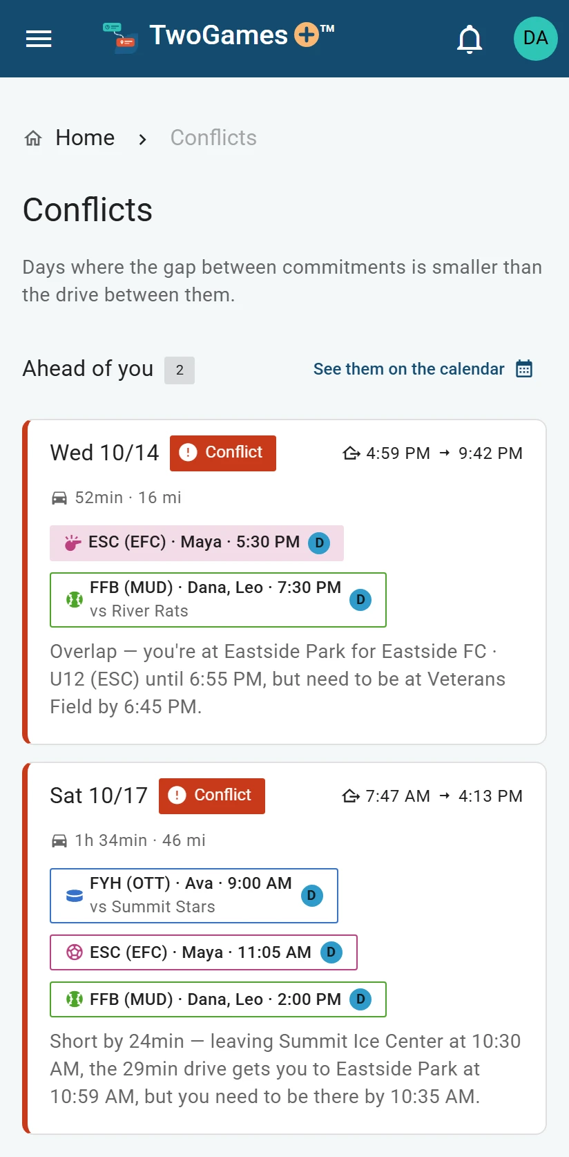 The Conflicts page on a phone: 2 days ahead of you, Wednesday 10/14 with an overlap and Saturday 10/17 short by 24 minutes, each with a line saying why.