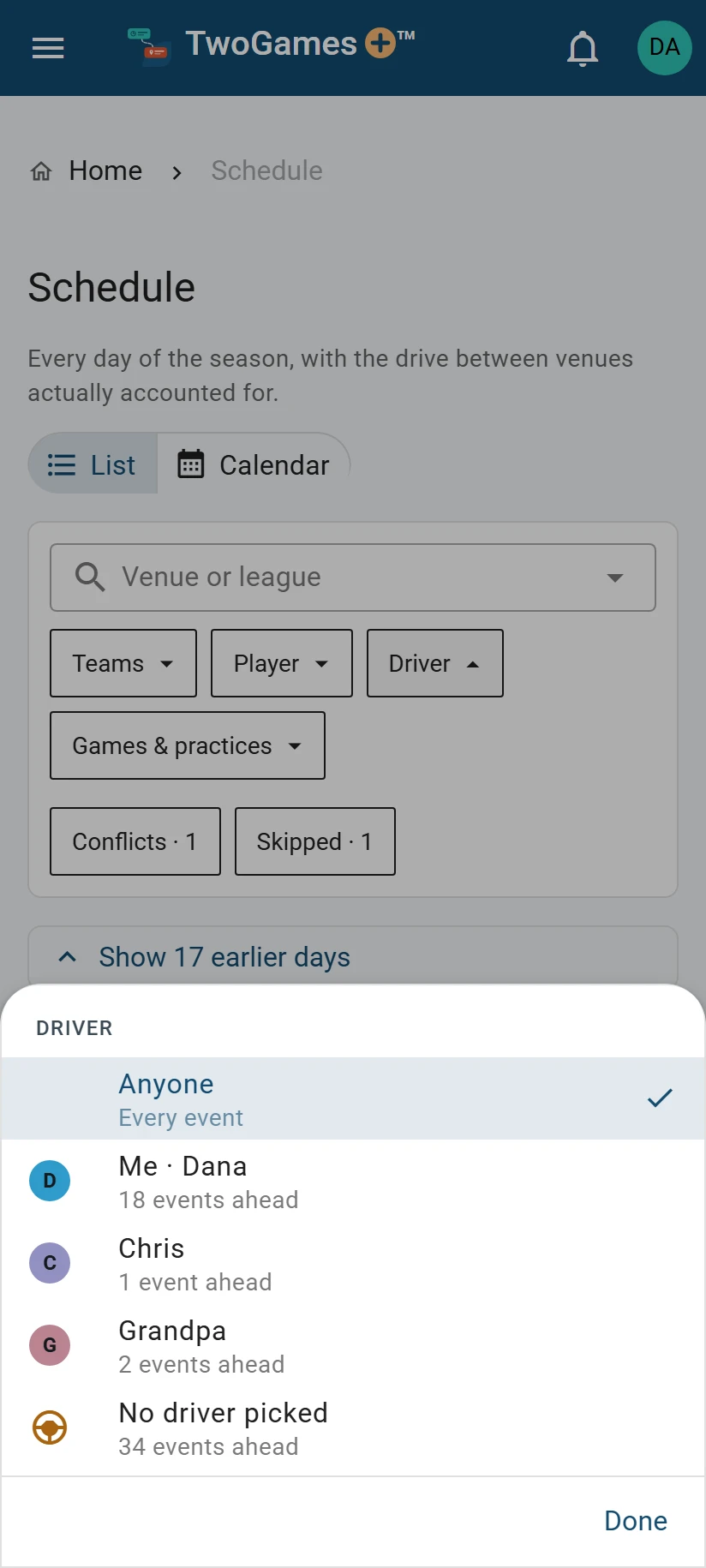 The Schedule’s filters on a phone, with the Driver list open: Anyone, Me · Dana, Chris, Grandpa, and No driver picked, each with how many events are ahead.