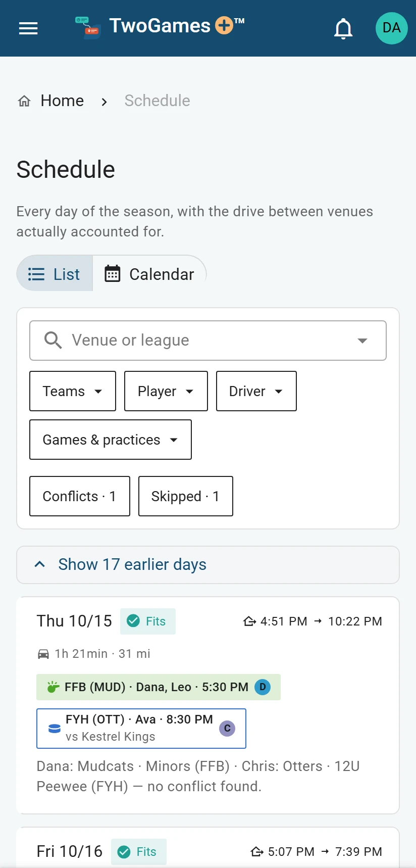 The Schedule on a phone as a list of day cards, with List and Calendar buttons at the top.