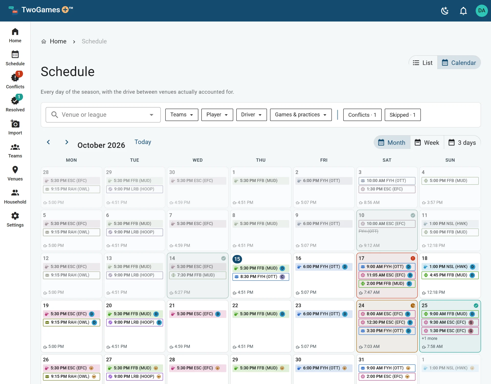 The Schedule as a calendar on a computer: October 2026, each day with its events and when to leave home, and Saturday the 17th marked as a Conflict.