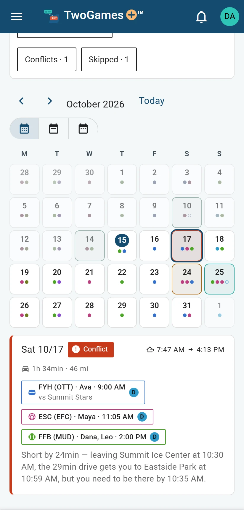 October on a phone: each day with dots for its events, and the card of Saturday 10/17, a Conflict, below the grid after a tap on it.