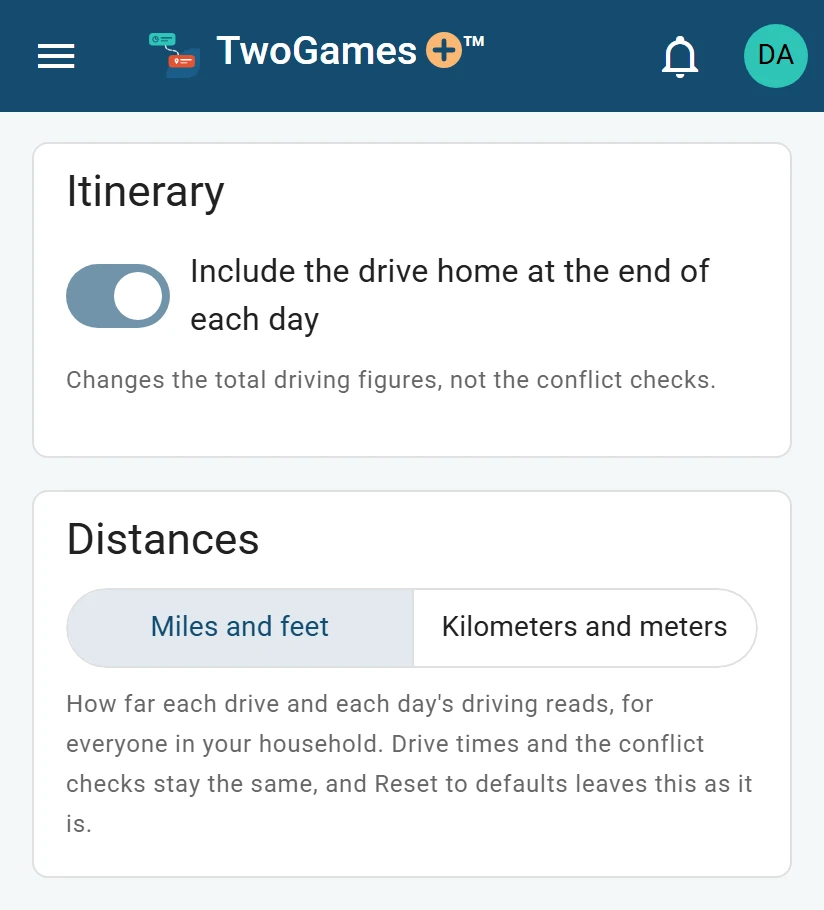 Settings on a phone: Itinerary, with the switch to include the drive home turned on, and Distances, with Miles and feet chosen over Kilometers and meters.