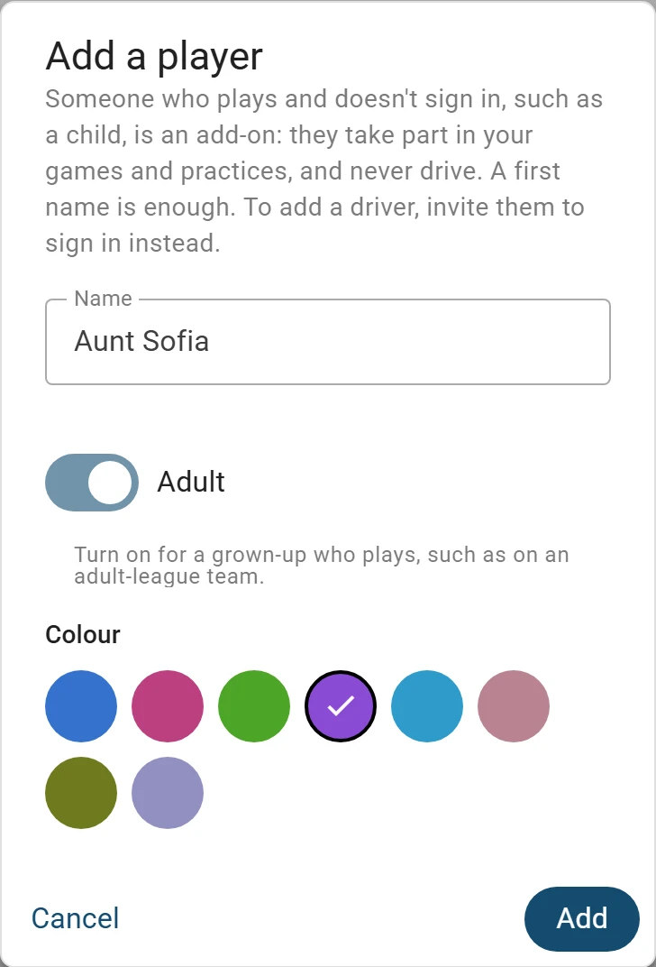 Add a player on a phone: the name Aunt Sofia, with Adult turned on for a grown-up who plays, such as on an adult-league team.