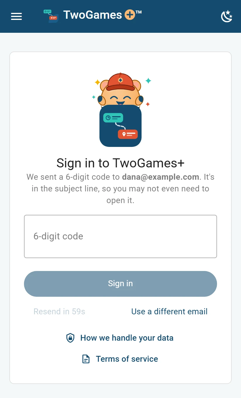 The sign-in page on a phone after asking for a code: We sent a 6-digit code to dana@example.com, a box for the code, a Resend button counting down, and Use a different email.