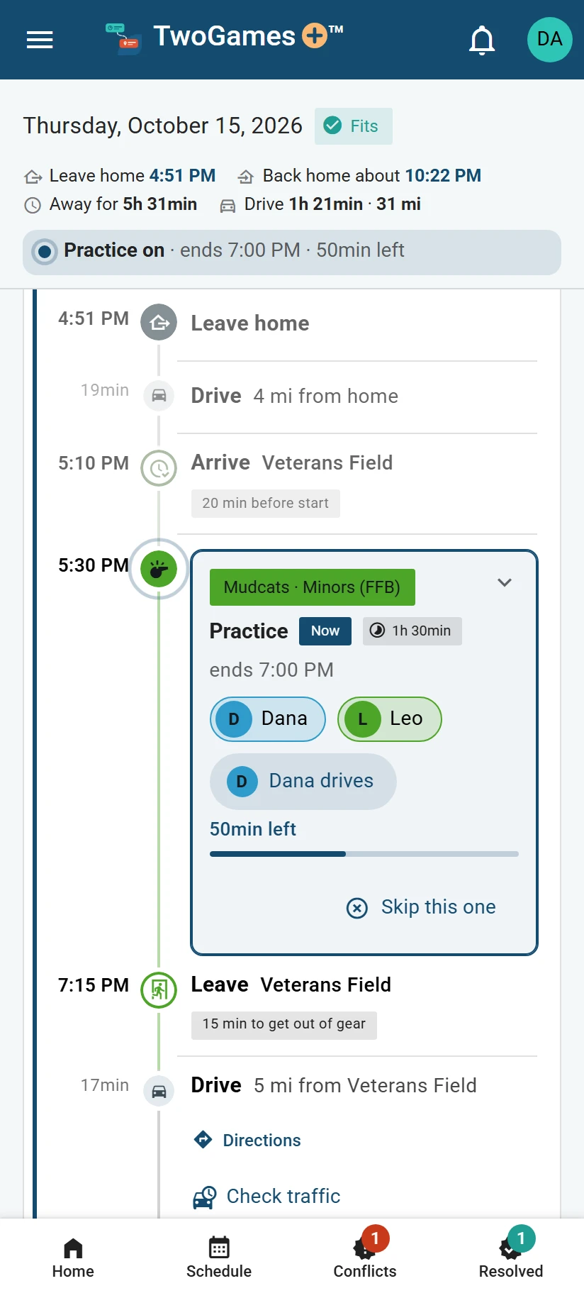 Thursday’s timeline at 6:10 PM on a phone: leaving home and the drive greyed as done, and Leo’s baseball practice at Veterans Field marked Now.