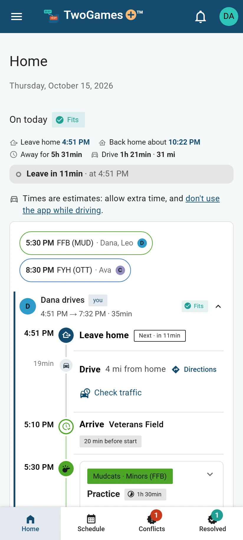 Home on a phone at 4:40 PM on Thursday: On today, leave in 11 minutes at 4:51 PM, then the drive to Veterans Field and Leo’s practice.