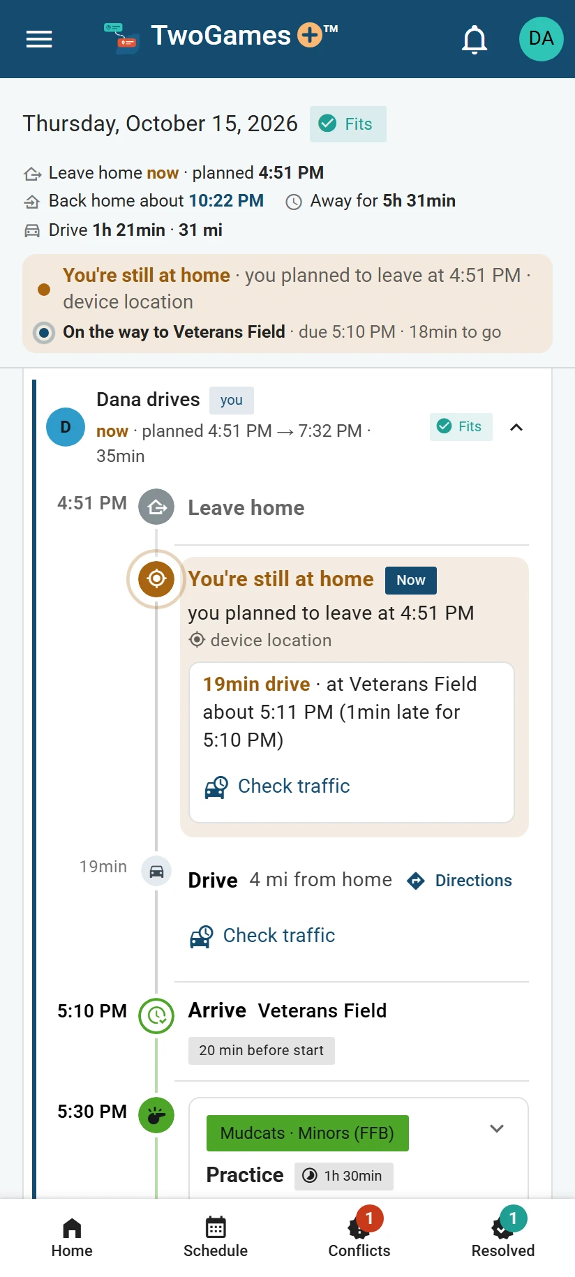 Thursday’s timeline on a phone with location on, a minute after the time to leave: You’re still at home, and Leave home now.