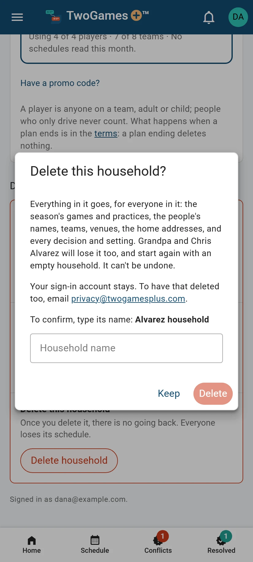 Delete this household? on a phone: everything that goes, listed, and a field to type the household’s name, Alvarez household, before anything is deleted; the field is empty.