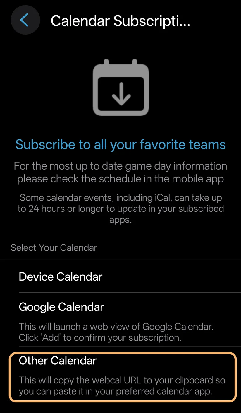 SportsEngine’s Calendar Subscription screen: Subscribe to all your favorite teams, then Select Your Calendar, with Device Calendar, Google Calendar and Other Calendar. Other Calendar is ringed: it copies the link.