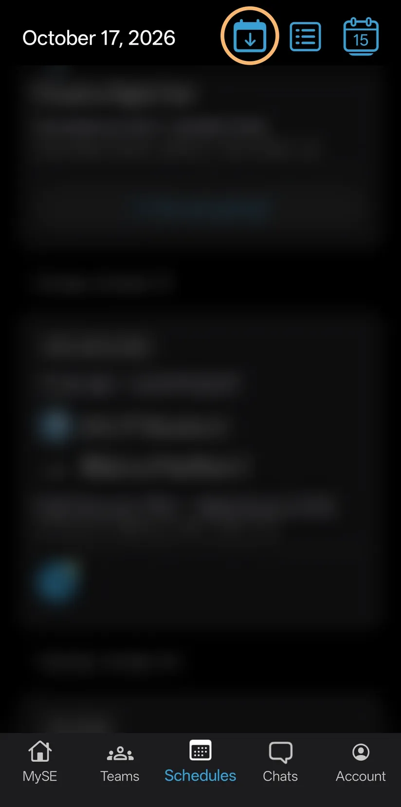 SportsEngine’s Schedules screen on a phone, with the calendar icon at the top right ringed. The games and events under it are faded out.