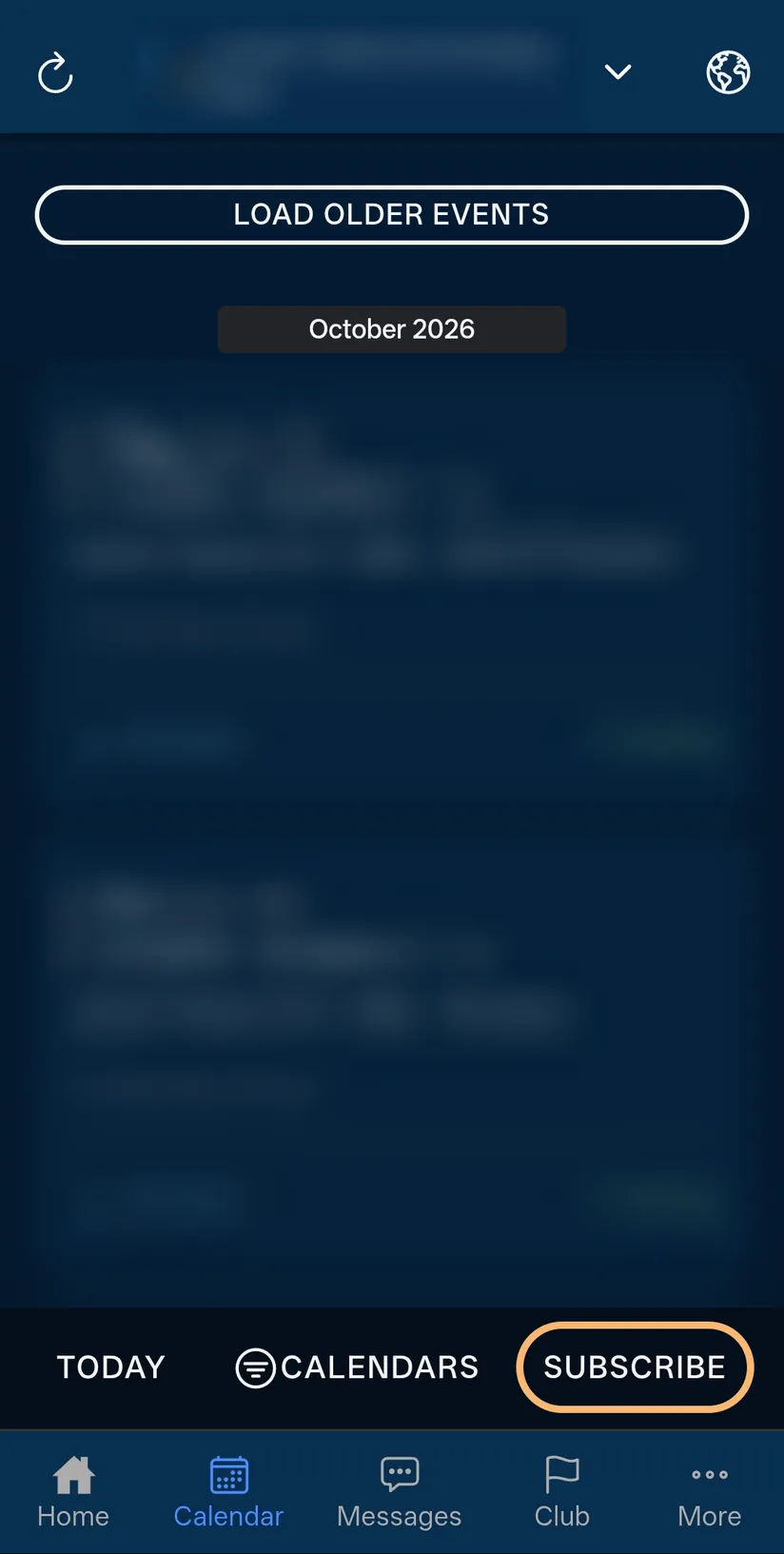 Sprocket Sports’ Calendar screen on a phone, with Subscribe ringed in the bar at the bottom, beside Today and Calendars. The club’s name and its events are faded out.