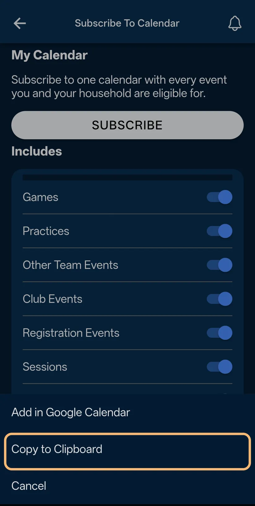 Sprocket Sports after Subscribe: a menu at the bottom of the screen with Add in Google Calendar, Copy to Clipboard and Cancel. Copy to Clipboard is ringed.