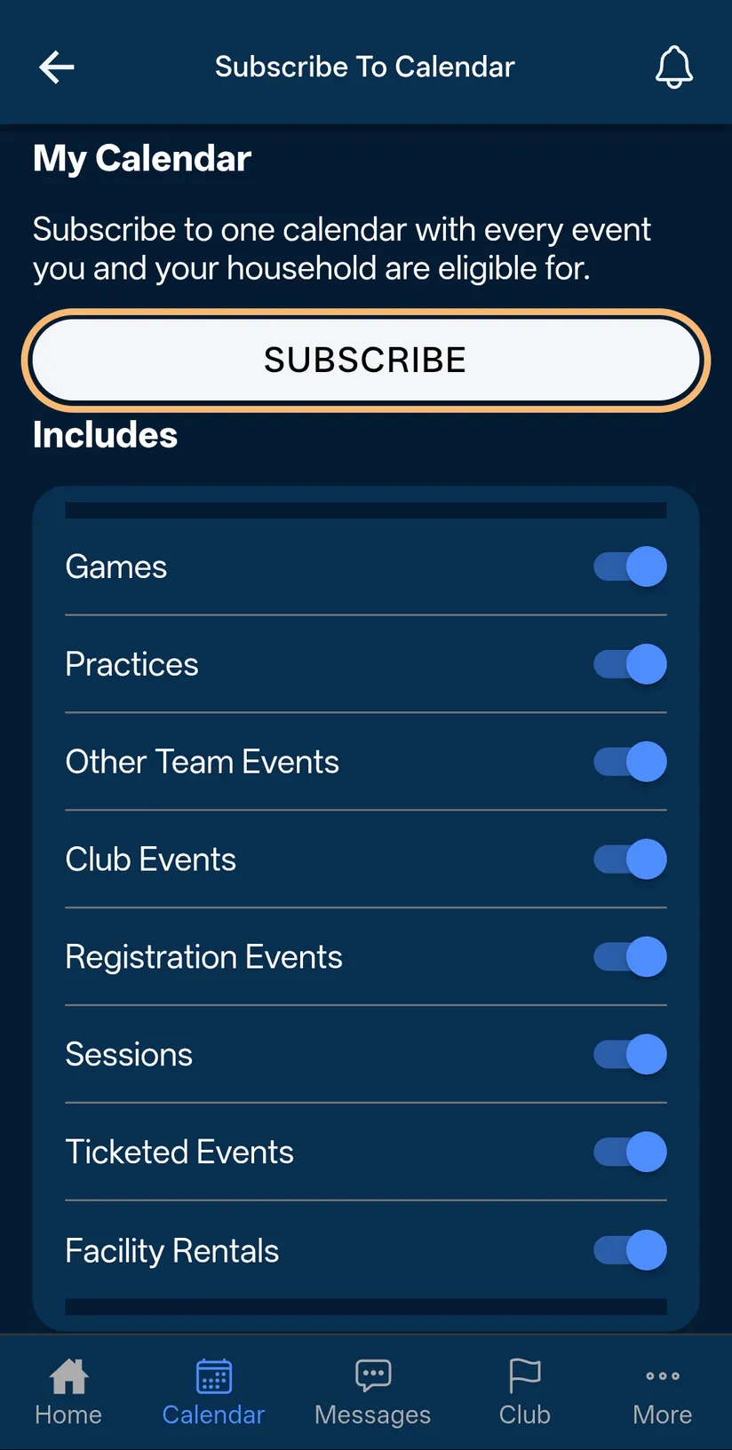 Sprocket Sports’ Subscribe To Calendar screen: My Calendar, with its Subscribe button ringed, and under Includes the kinds of event it holds, from Games and Practices to Facility Rentals, each switched on.